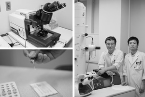 左上：透過型電子顕微鏡用ウルトラミクロトーム，左下：透過型電子顕微鏡用標本，右：透過型電子顕微鏡