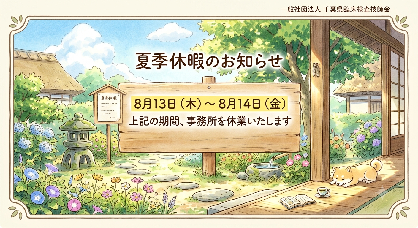一般社団法人 千葉県臨床検査技師会 夏季休暇のお知らせ 8月13日(木)〜8月14日(金) 上記の期間、事務所を休業いたします